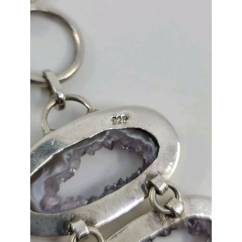 Sterling Silver 925 Purple Natural Geode Crystal Stone Bracelet
